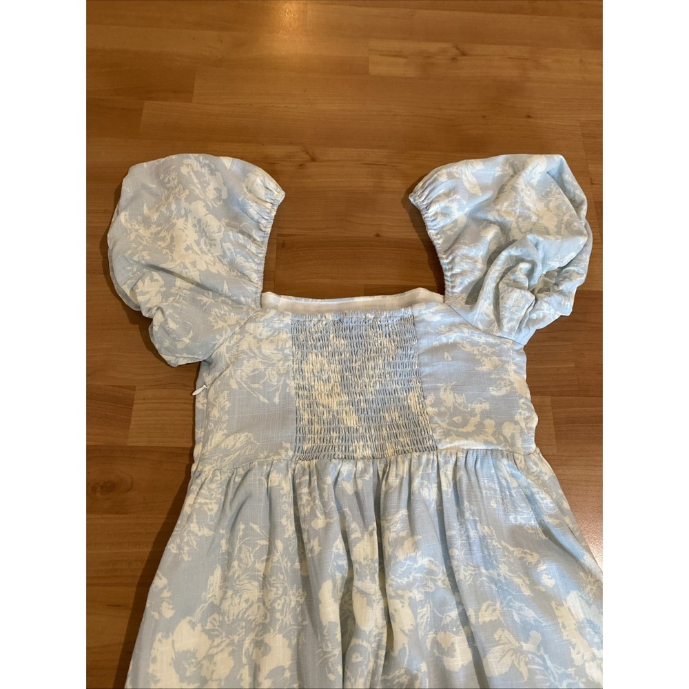 O.P.T  Zeoli Puff Sleeve Linen Blend Midi Blue White Floral Dress Size S Cottage - Picture 8 of 14